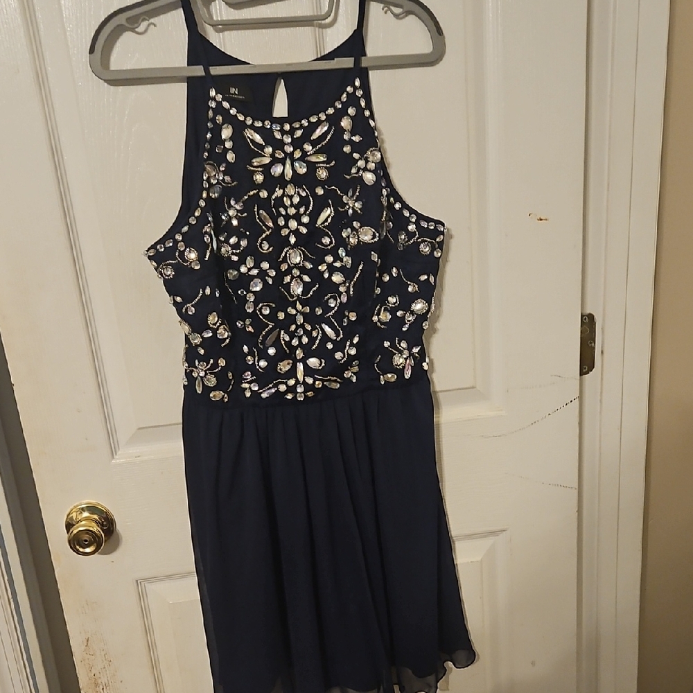 I.N. San Francisco Navy Dress with Crystal Embellishments